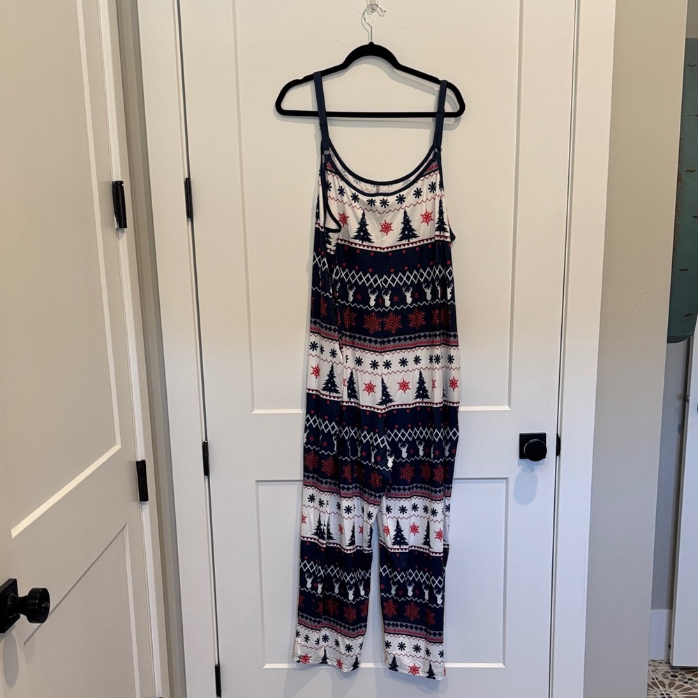 NWT Festive Holiday Jumpsuit with Deer & Trees. Adjustable straps & pockets.